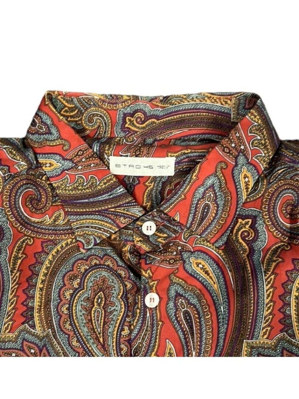 Etro Milano Mens Paisley Button Down Shirt Size 45 2XL Rust Orange Blue Cotton